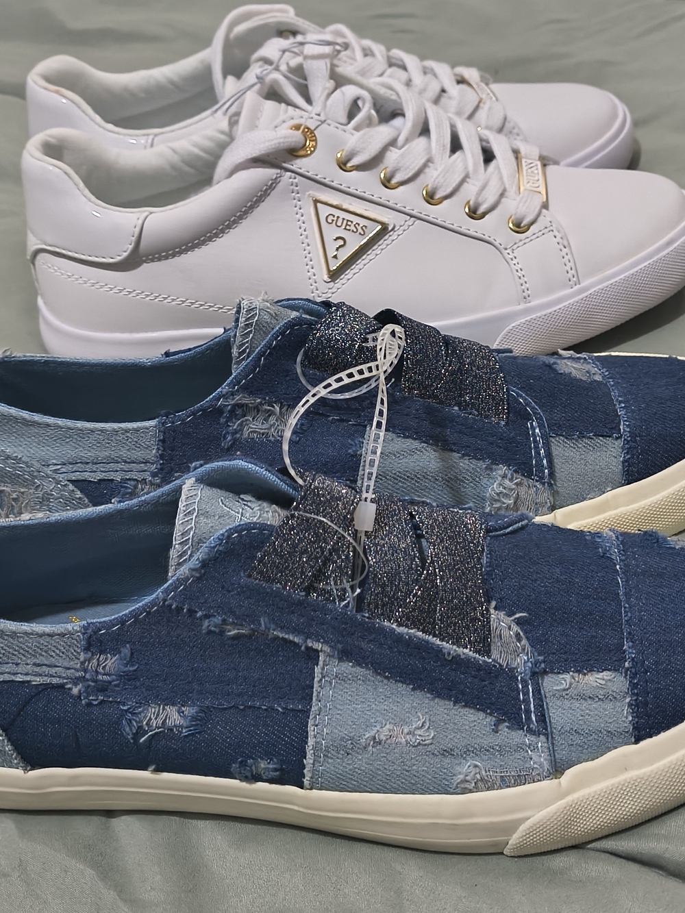 Guess White Leather Low-Top Sneakers & Blue Patchwork Denim Slip-Ons (BUNDLE)